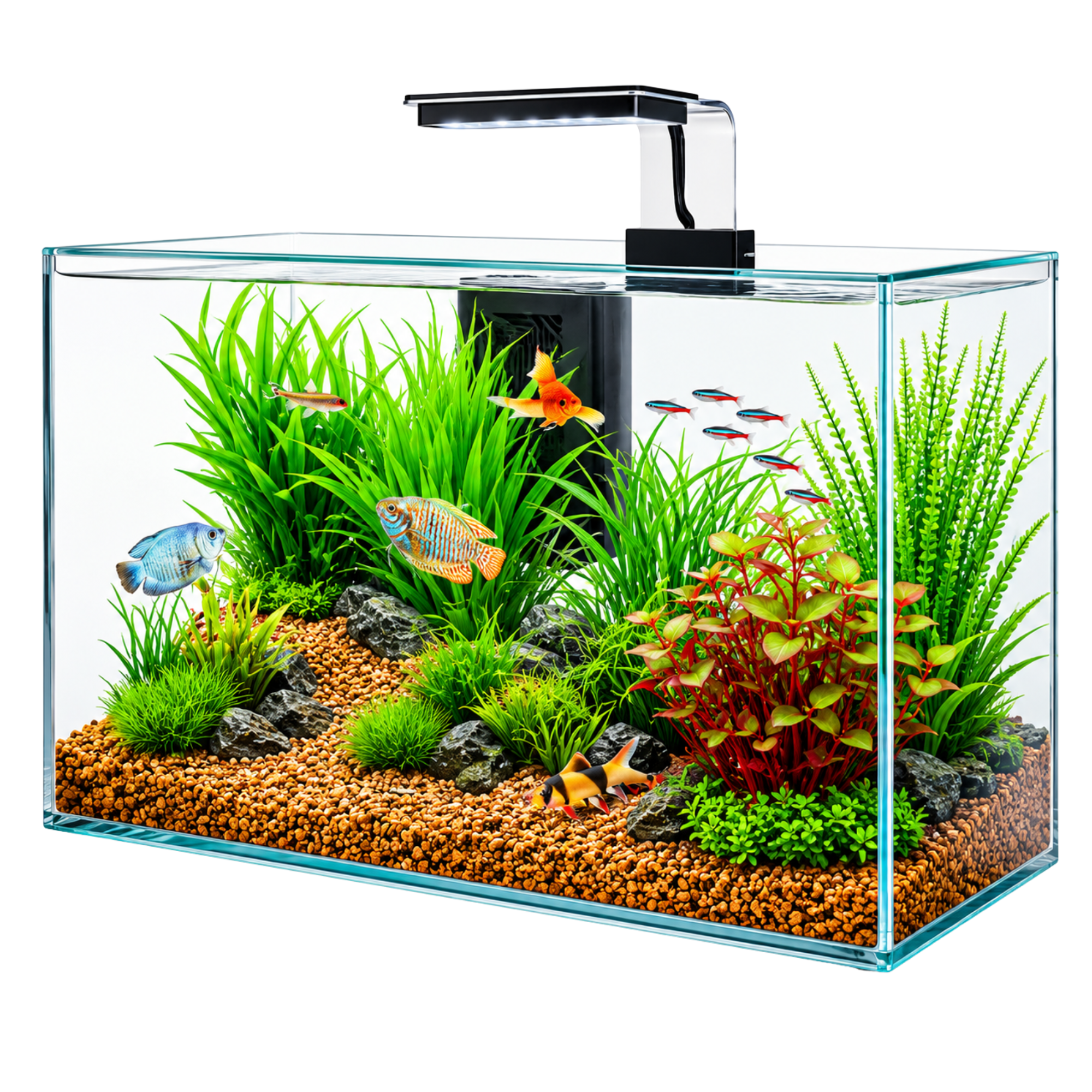 Fish tank with aquatic plants and fish on a white background