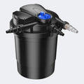 Black water filter with blue and clear components on a light gray background