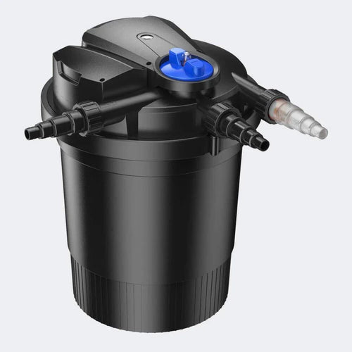 Black water filter with blue and clear components on a light gray background
