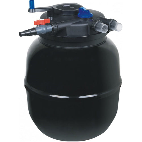 Black cylindrical filter with various connections on a white background