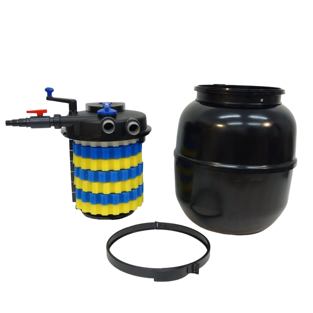 Black cylindrical tank with blue and yellow filter on a white background