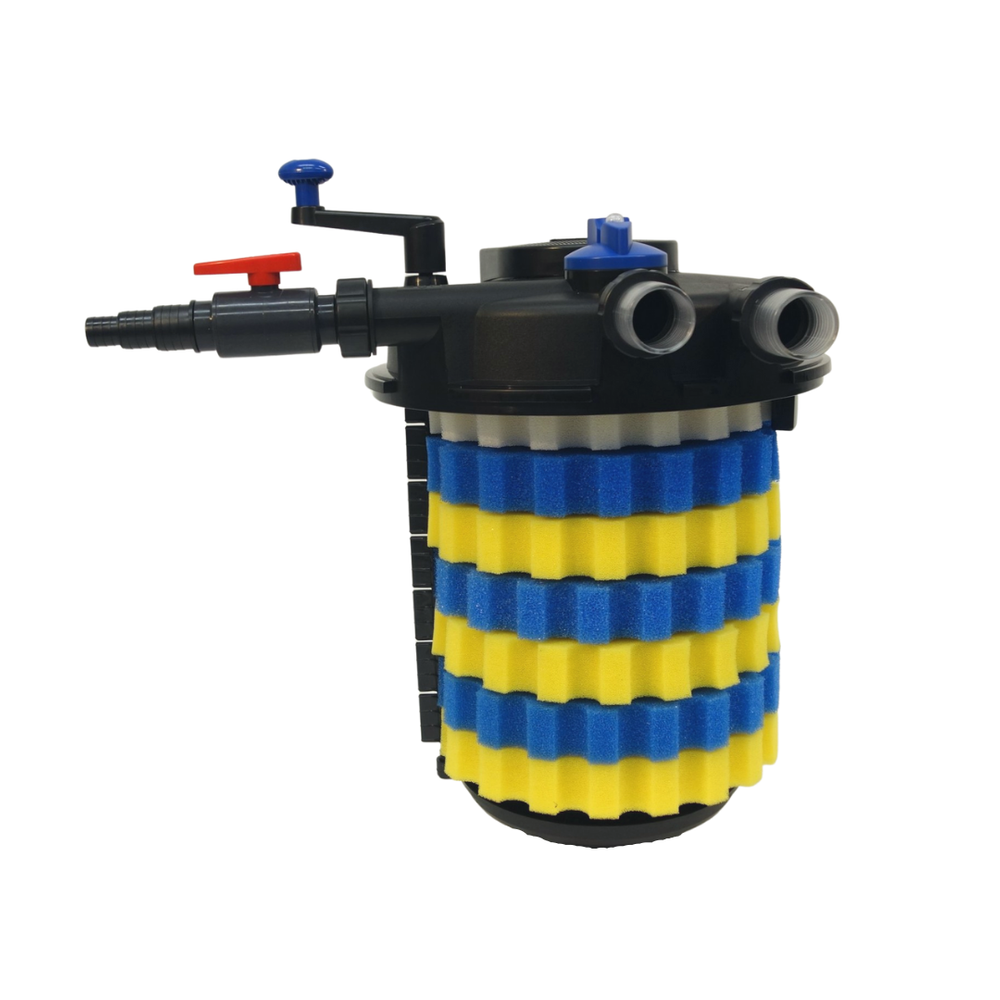 Plastic filter with blue and yellow striped body on a white background