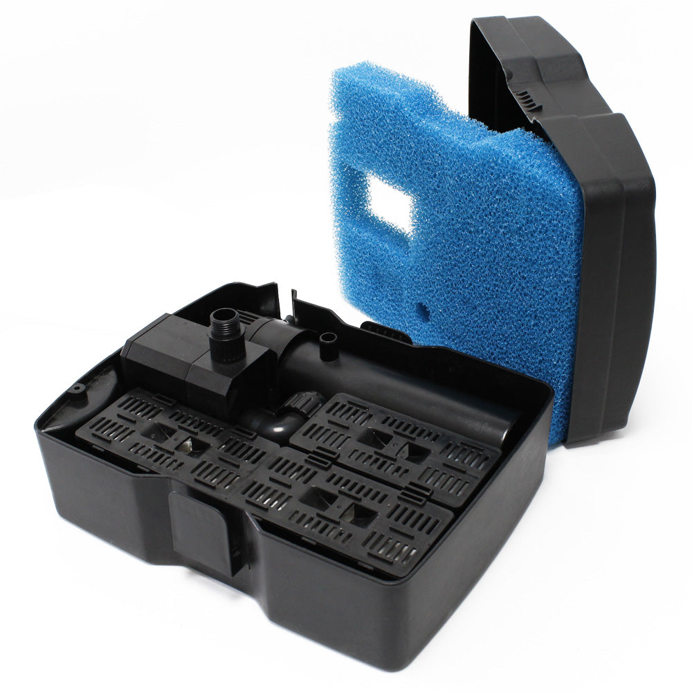 Black and blue filter housing with blue sponge on a white background