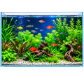 Aquarium with colorful fish and green plants on a white background