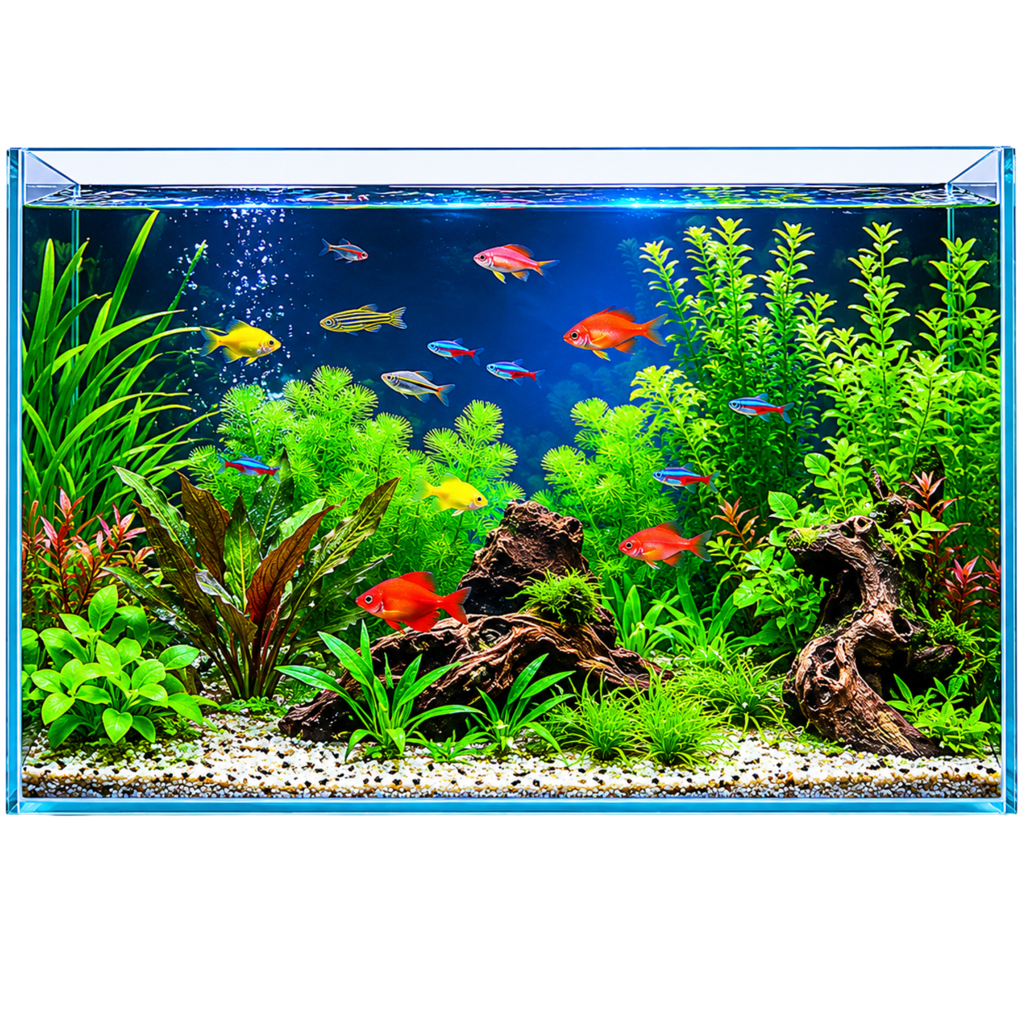 Aquarium with colorful fish and green plants on a white background